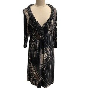 Karen Kane Fairy Goth Boho 1X Stretch Knit Dress Plunge Neckline Ruffles PlusVTG
